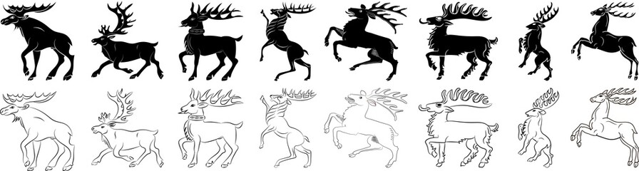Deer and elk black and white silhouette set