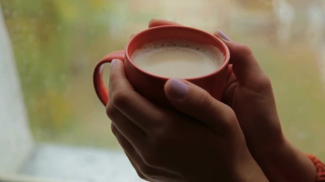 Red cup with coffee drink in female hands near the window