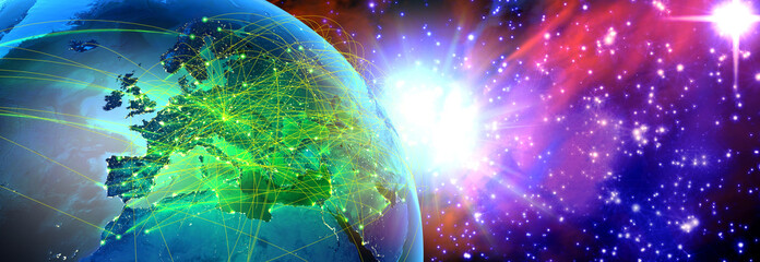 3d Illustration of airspace and airways connecting cities over europe