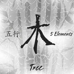 Five Feng Shui Elements Set - Chinese Wu Xing symbols. Translation of chinese hieroglyphs- wood, fire, earth, metal, water.
