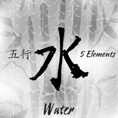 Five Feng Shui Elements Set - Chinese Wu Xing symbols. Translation of chinese hieroglyphs- wood, fire, earth, metal, water.
