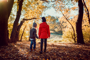 Fototapeta premium little boy and girl are walking in the autumn park.