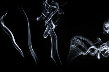 Smoke or fog steam set on black color background . Hazy steam curls for decorative special effect . Cigarette fumes or dry ice Smoking design.