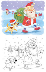 New Year. Christmas. Year of Dog. Cute Santa and his backpack. Christmas card. Poster. Coloring page