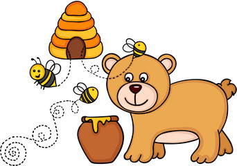 Obraz na płótnie Canvas Bear with honey pot and bees fly out of a beehive 
