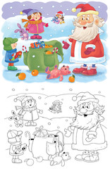 New Year. Christmas. Year of Dog. Cute Santa and his backpack. Christmas card. Poster. Coloring page