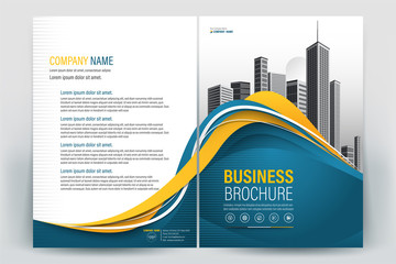 Brochure Cover Layout with blue and yellow wavy , A4 Size Vector Template