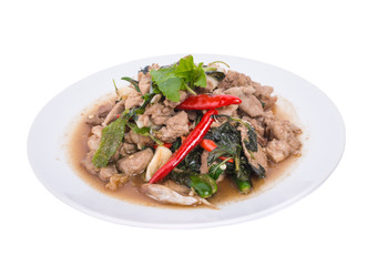 Close up Rice topped with stir fried minced pork and basil