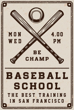 Vintage baseball school poster, template, banner in retro style. Graphic Art. Vector Illustration.