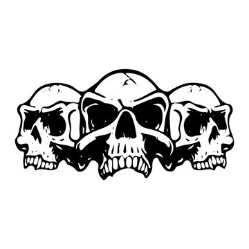 Three scary skulls, silhouette on white background,