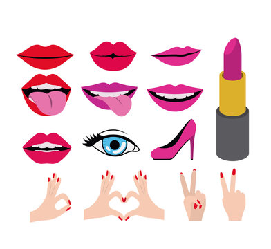 lips and mouth with hands and beauty elements set on white background