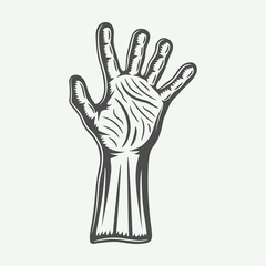Vintage halloween zombie hand in retro style. Monochrome Graphic Art. Vector Illustration.