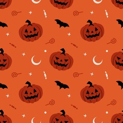pumpkin seamless pattern vector halloween background with bat, trick or treat candy and moon