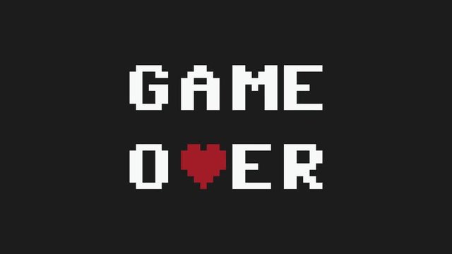 A cute gentle Game Over text message appearing on a computer screen, 8 bit blocky characters with a red heart replacing a letter. Retro vintage old-time good-times flavor.
