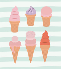 set of ice cream cones over decorative lines color background