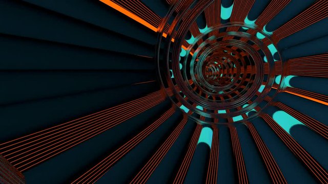 POV flight down a futuristic sci-fi like tunnel, with chrome spirals and neon type lighting on the tubes.  Seamless loop. This version has only a very mild motion blur effect applied.
