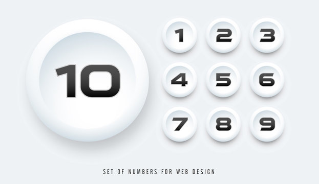 set of numbers for web design, numbers black and white on buttons vector,  white background