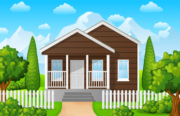 Mountain landscape with family house on blue sky background
