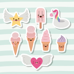 cute set of ice creams and star and heart with wings and unicorn inflatable toy with lines colorful background