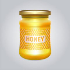 Glass jar with golden cap filled with yellow honey. Detailed glass jar with honey or jam. Vector illustration