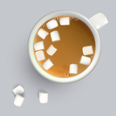 Cup of coffee with marshmallow. Top view. Cup of coffee for breakfast. Vector illustration