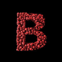 Letter B red skull font. Type made from skulls. 3D Rendering