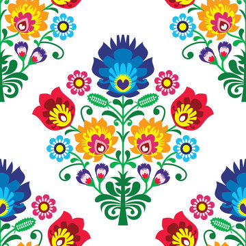 Seamless folk art vector pattern - Polish traditional repetitive design with flowers
