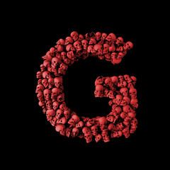 Letter G red skull font. Type made from skulls. 3D Rendering