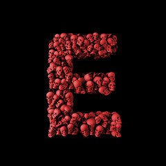 Letter E red skull font. Type made from skulls. 3D Rendering