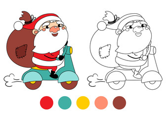 Santa Claus on a motorcycle with gifts in a bag. Coloring book page. Cartoon vector illustration. Game for children