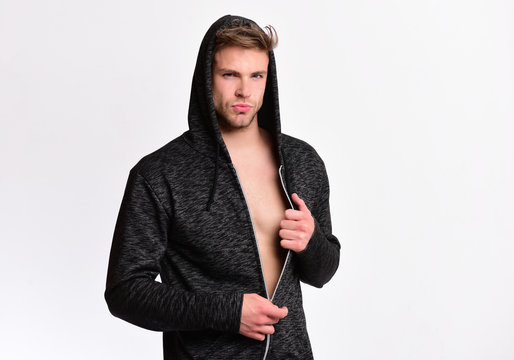 Sports fashion concept. Athlete with messy hair and naked torso