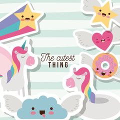 the cutest thing poster with unicorns rainbows stars cloud heart and donut with wings and colorful lines background