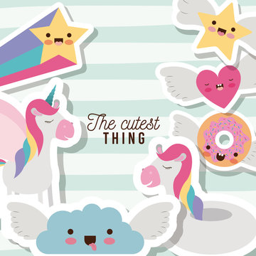the cutest thing poster with unicorns rainbows stars cloud heart and donut with wings and colorful lines background