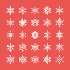 Cute snowflakes collection isolated on red background. Flat snow icons, snow flakes silhouette. Nice element for christmas banner, cards. New year ornament. Organic and geometric snowflake set.