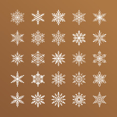 Cute snowflakes collection isolated on gold background. Flat snow icons, snow flakes silhouette. Nice element for christmas banner, cards. New year ornament. Organic and geometric snowflake set.