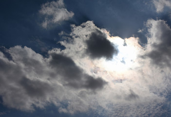 雲に隠れた太陽と青空と雲「空想・雲のモンスター（太陽のあるところからモンスターが出てくるイメージなど）」（光の世界から現れた、光の使者、光明などのイメージ）