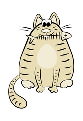 Funny fat cat with eaten fish skeleton. Cartoon vector illustration isolated.
