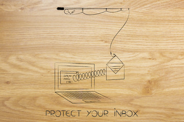 fishing rod grabbing a private email from a laptop on spring