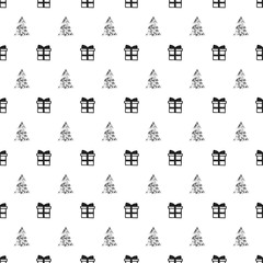 Fototapeta na wymiar Christmas New Year seamless pattern with gift christmas tree. Holiday background. Silver white gift. Xmas winter doodle decoration. Silver texture. Hand drawn vector illustration. Wrapping gift paper.