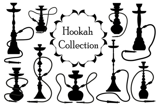 Hookah icon set black silhouette, outline style. Arabic hookahs collection of design elements, logo. Isolated on white background. Lounge bar logos concept. Vector illustration