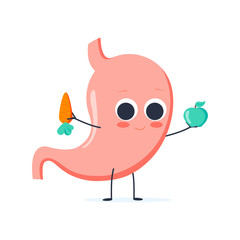 Strong healthy happy stomach character with broccoli and apple. Vector flat cartoon illustration icon design.