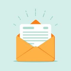 Open envelope with a document. New letter. Sending correspondence. - obrazy, fototapety, plakaty