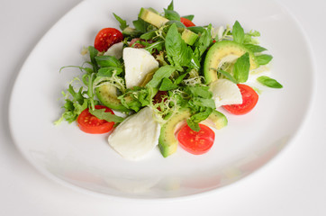 Salad of mozzarella, avocado, cherry tomatoes and arugula in a plate