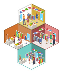 Isometric 3D vector shopping in clothes store