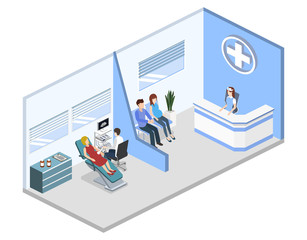 Isometric 3D vector illustration pregnant woman at a doctor's appointment