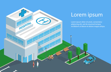 Isometric 3D vector illustration Hospital building and ambulance with parking spaces and park with benches