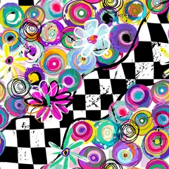 Zelfklevend Fotobehang abstract background pattern, with circles, squares, strokes and splashes, seamless, black and white © Kirsten Hinte
