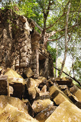 Beng Mealea is a temple in the Angkor Wat style, Siem Reap, Cambodia. Old trees and brush growing among towers and ancient stones covered with moss lying in great heaps.