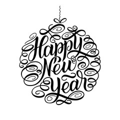 Happy New Year, lettering Greeting Card design circle text frame.Vector illustration. Christmas tree toy ball