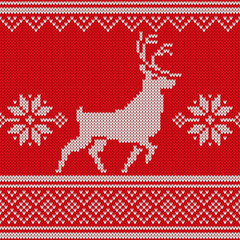 Christmas Seamless Knitted Pattern with Deer. Knitting Sweater Design. Wool Knitted Texture. Stitches grouped by rows. Easy to edit. Vector illustration